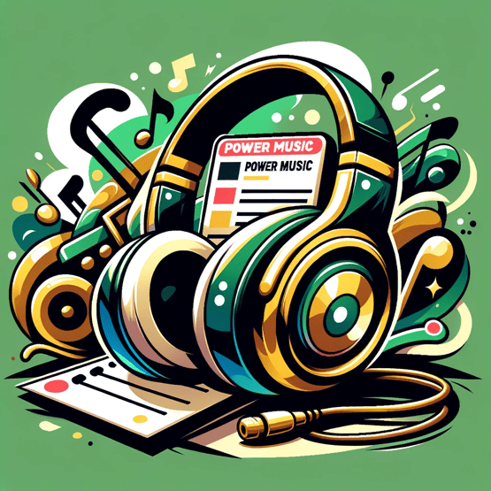 DALL·E 2023-11-23 10.41.09 - Cartoon-style image of headphones and a playlist for power music, using colors like dark green, gold, white, and a touch of red. The headphones should